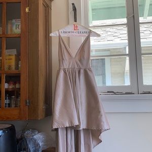 Taupe high-low formal dress with stretch